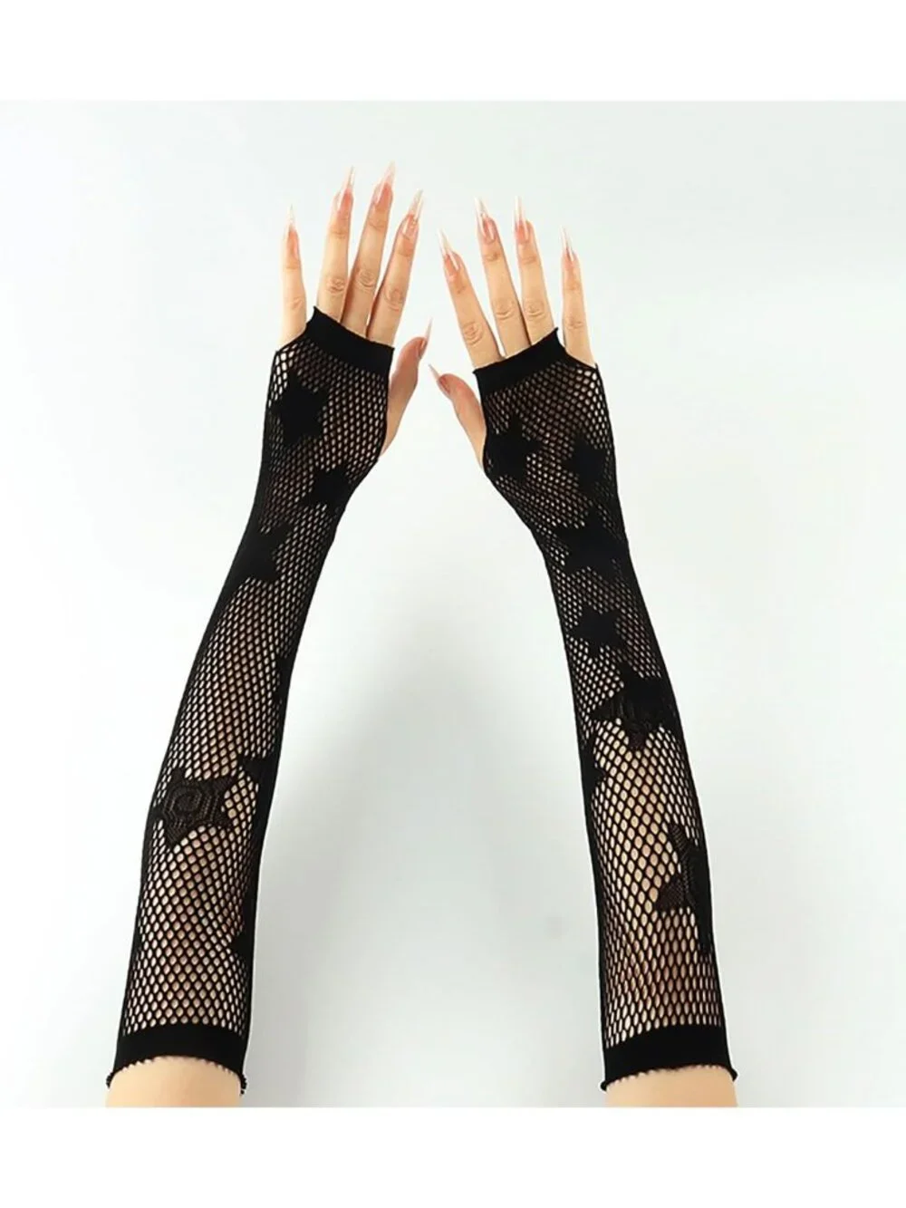 Women's Black Long Star Pattern Fishnet Fingerless Gothic Cosplay Gloves